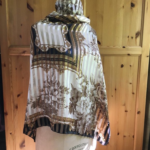 Vintage Silk Scarf Black White Gold Liz Claiborne - Picture 2 of 6